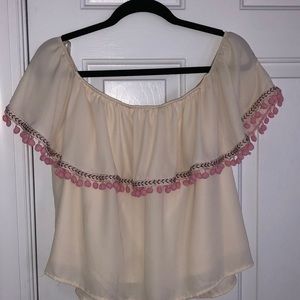 Cream off the shoulder Pom Pom shirt